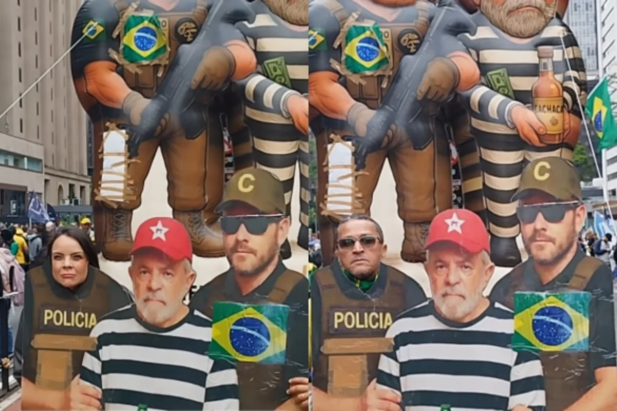 Apoiadores fazem fila diante de painel que retrata Lula como presidiário