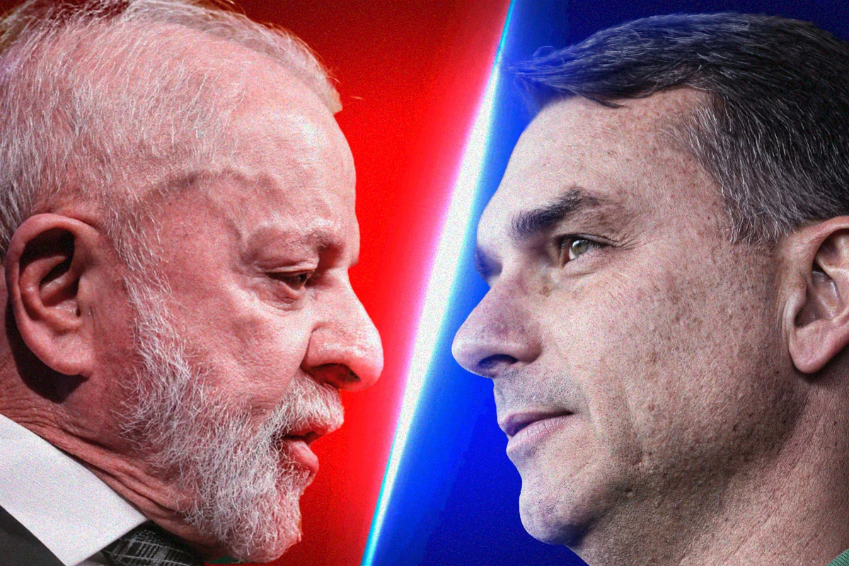 Lula e Flávio Bolsonaro em montagem sobre cenário eleitoral